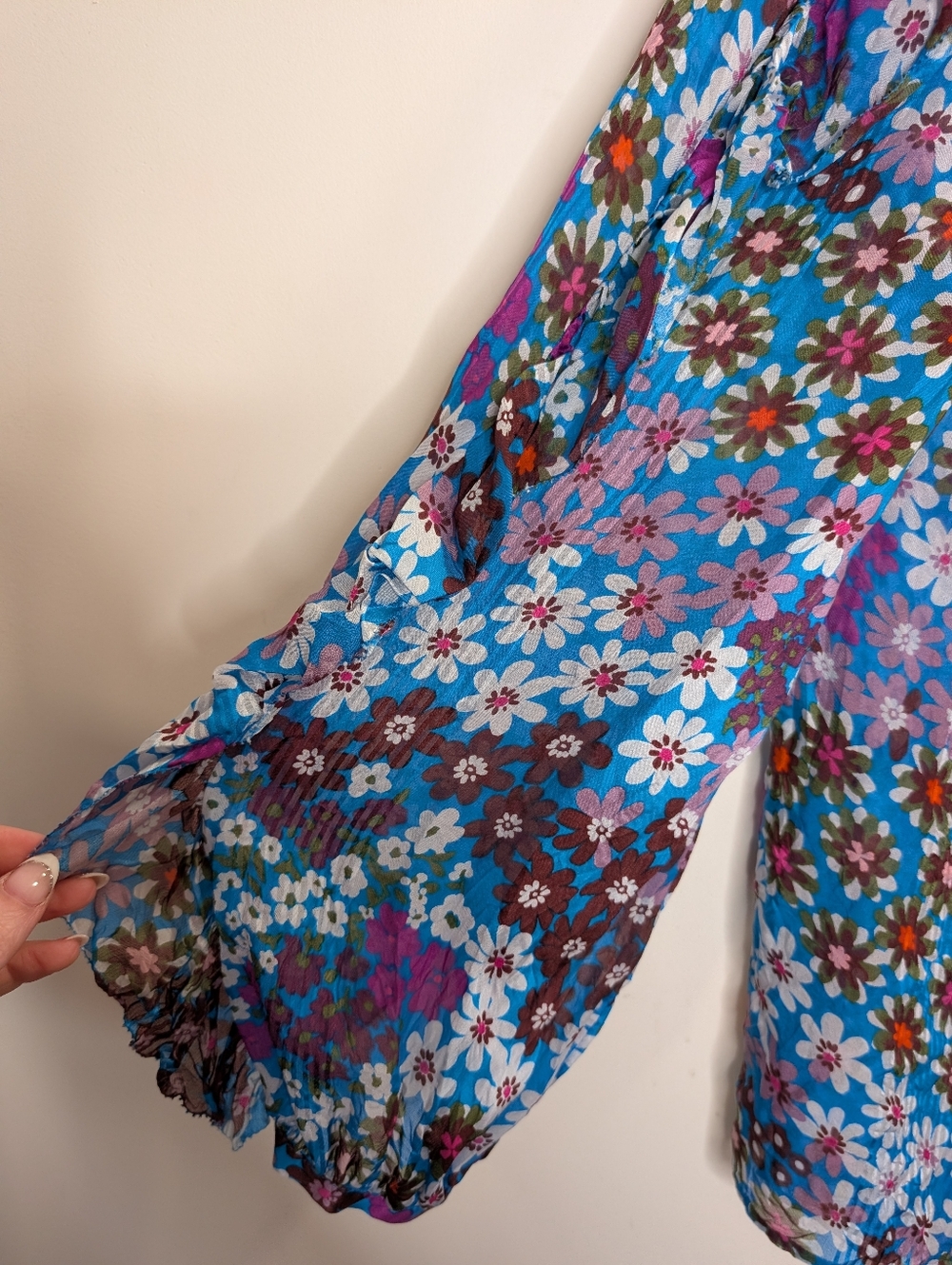 Kate Spade Pacific Petals Silk Floral Blouse Blue Sheer Ruffle Sleeve Top Small - Picture 3 of 8